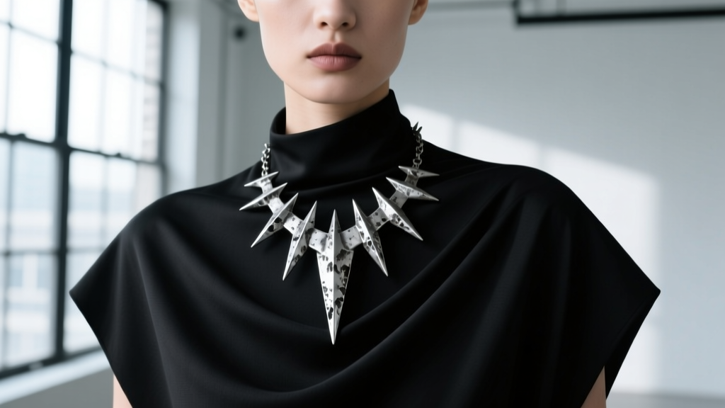 Close-up of a model wearing an oxidized silver brutalist spike pendant necklace over a draped black asymmetrical cowl-neck tunic.