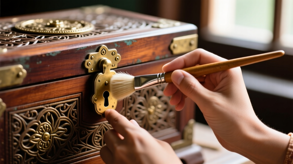 Hands using a soft goat-hair brush to dust intricate brass lock mechanisms on a vintage wooden Indian jewelry chest.