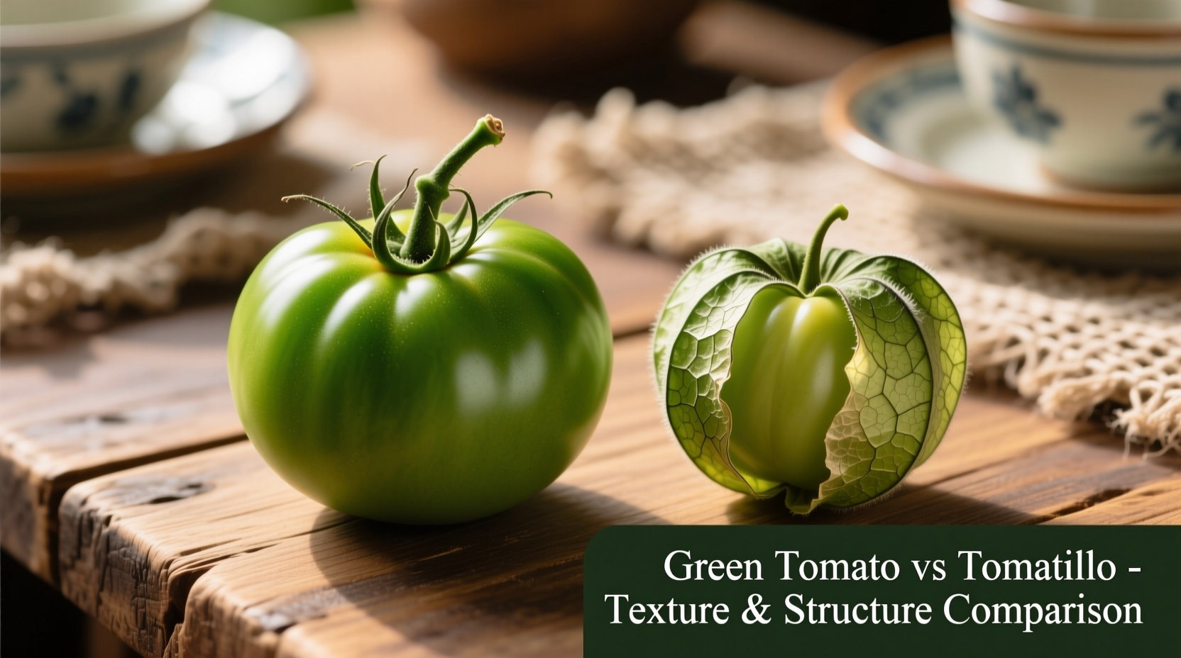 Side-by-side comparison of green tomato and tomatillo