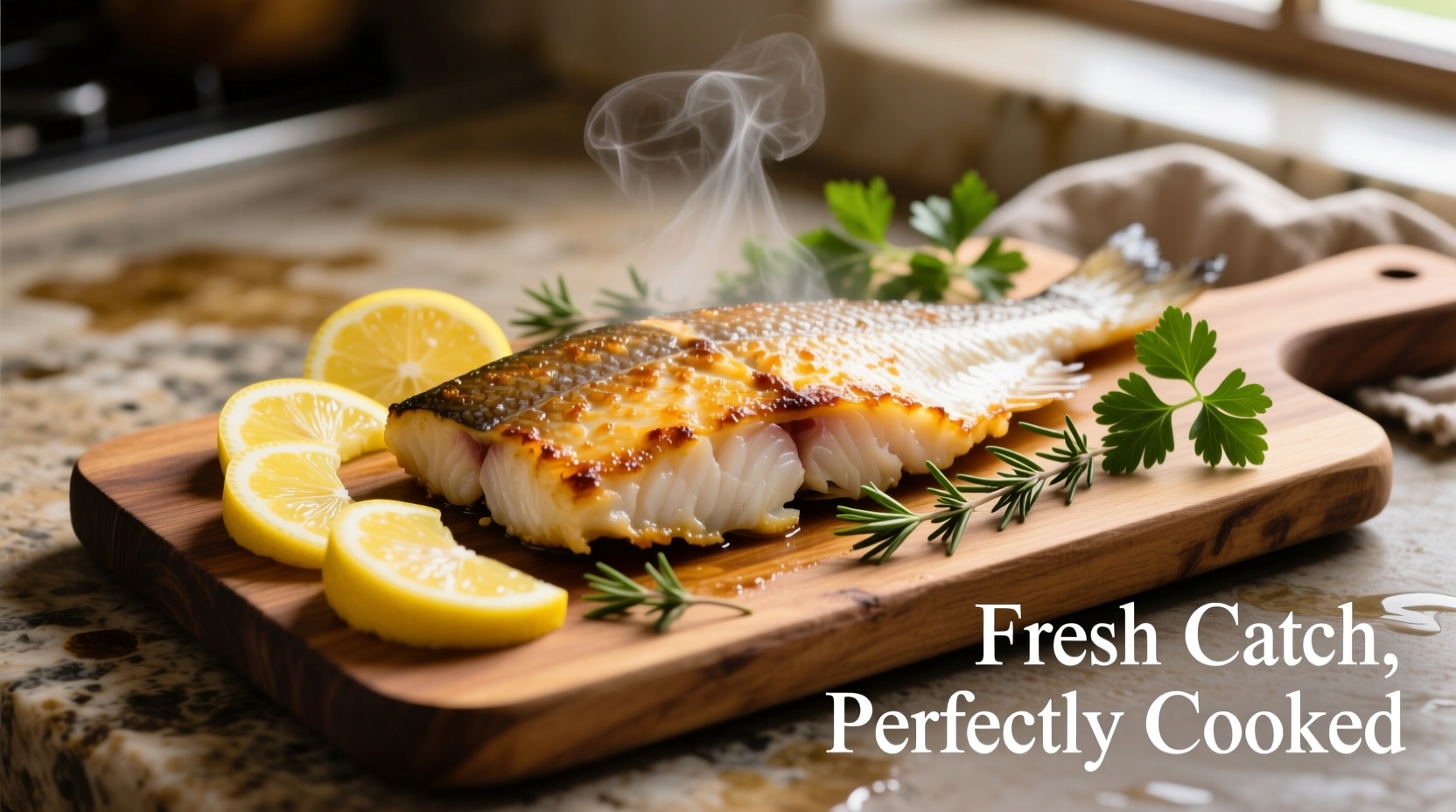 Perfectly cooked cod fillet with lemon slices and herbs