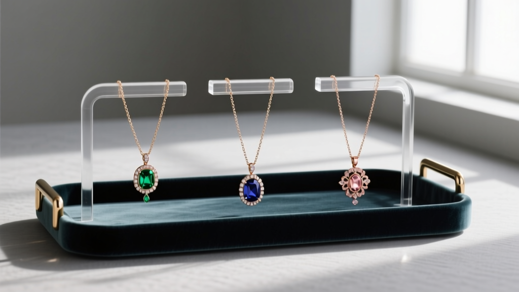 Velvet tray showing three Samantha necklaces hung on separate acrylic T-bars to prevent tangling under soft, warm studio lighting
