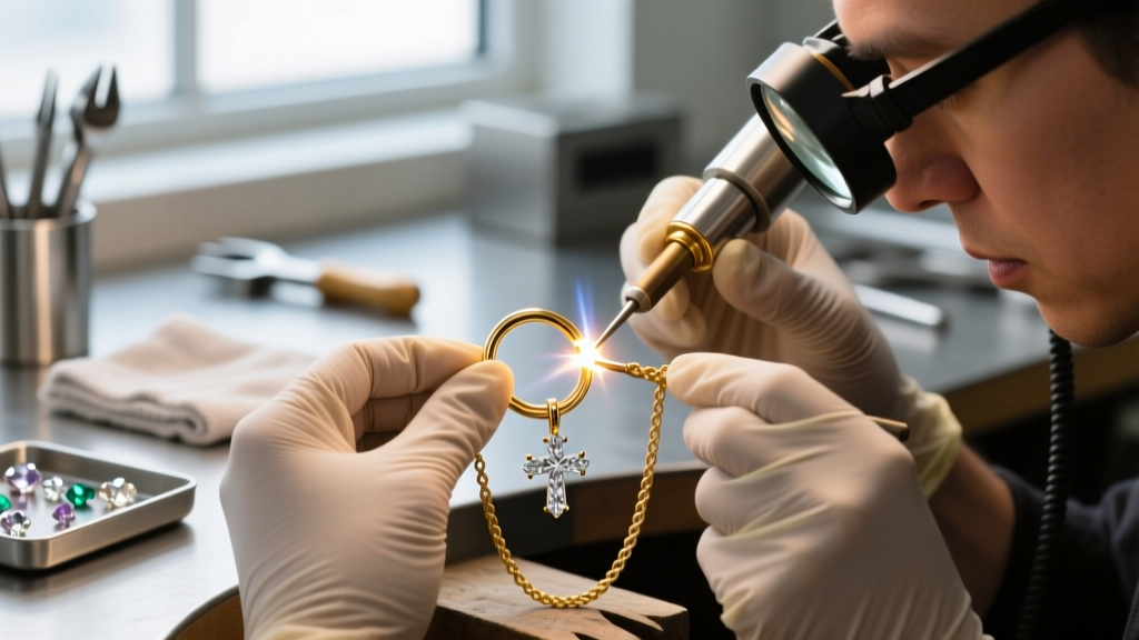Jeweler using a laser welder to repair a broken 20-gauge gold jump ring on a rope chain holding a small diamond cross pendant