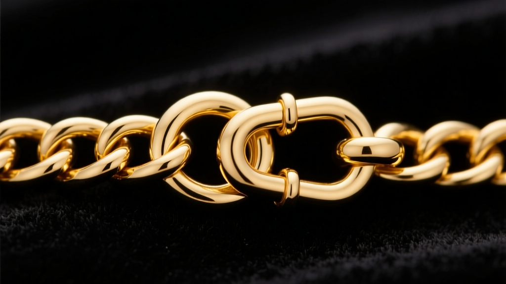 Macro shot of a 14k yellow gold box chain lobster clasp, showing the spring mechanism and soldered links against dark velvet.
