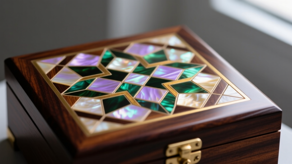 Close-up of genuine mother-of-pearl geometric inlay set into dark mahogany wood on the lid of a luxury jewelry storage box