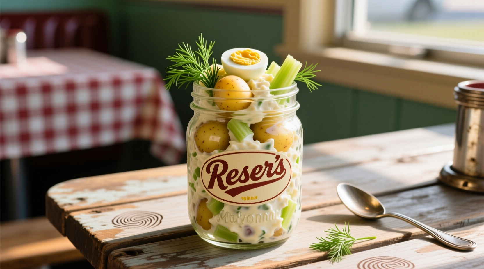 Reser's potato salad in container with fresh dill garnish