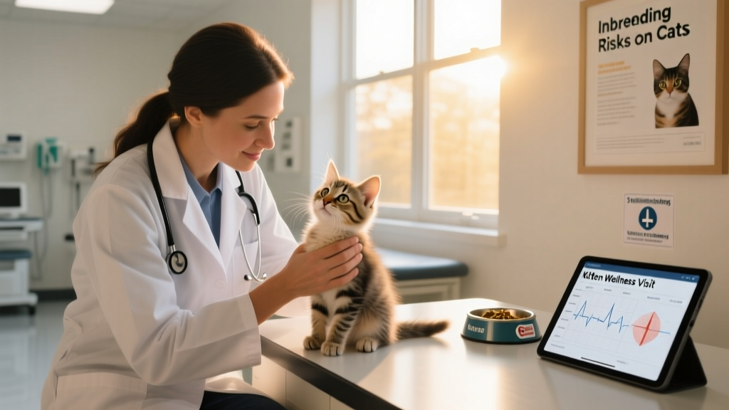 A veterinarian gently examining a kitten during a wellness check, highlighting proactive health care