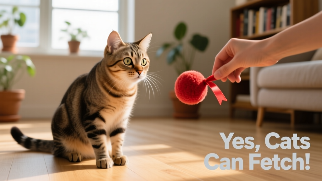 A curious cat watching a small plush toy being waved gently just out of reach