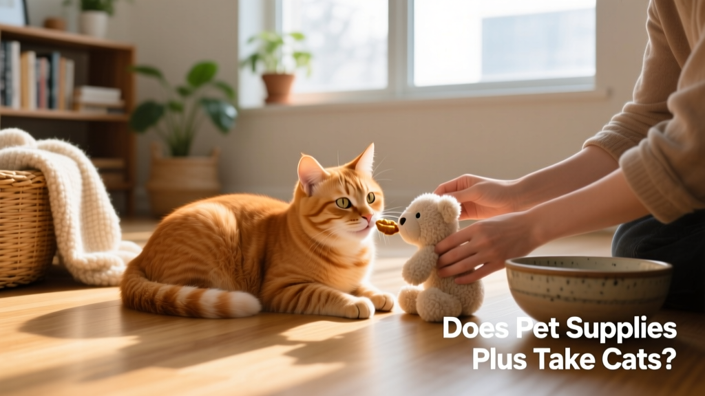 Happy cat settling into a new home with gentle hands offering treats and toys