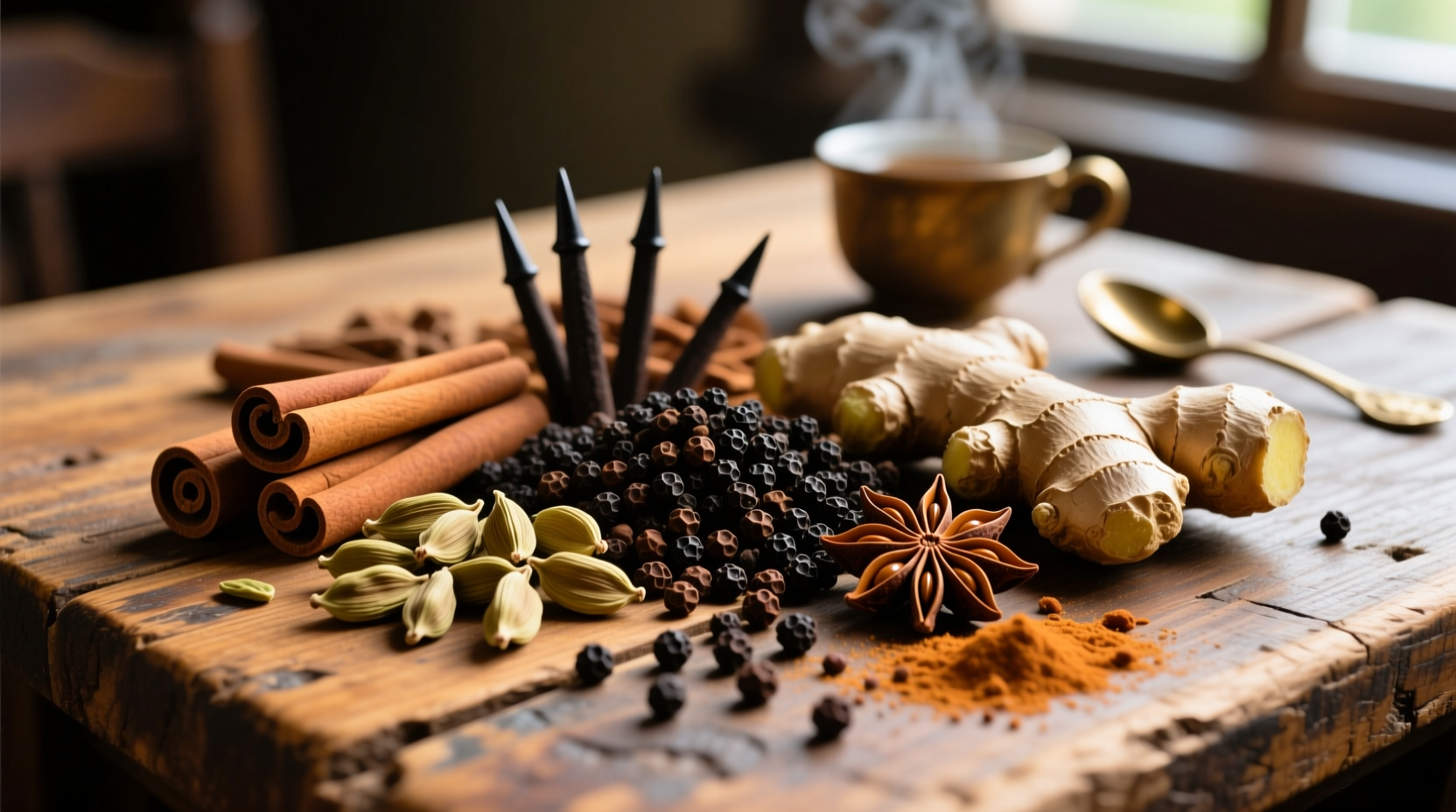 Assortment of whole chai spices on wooden table
