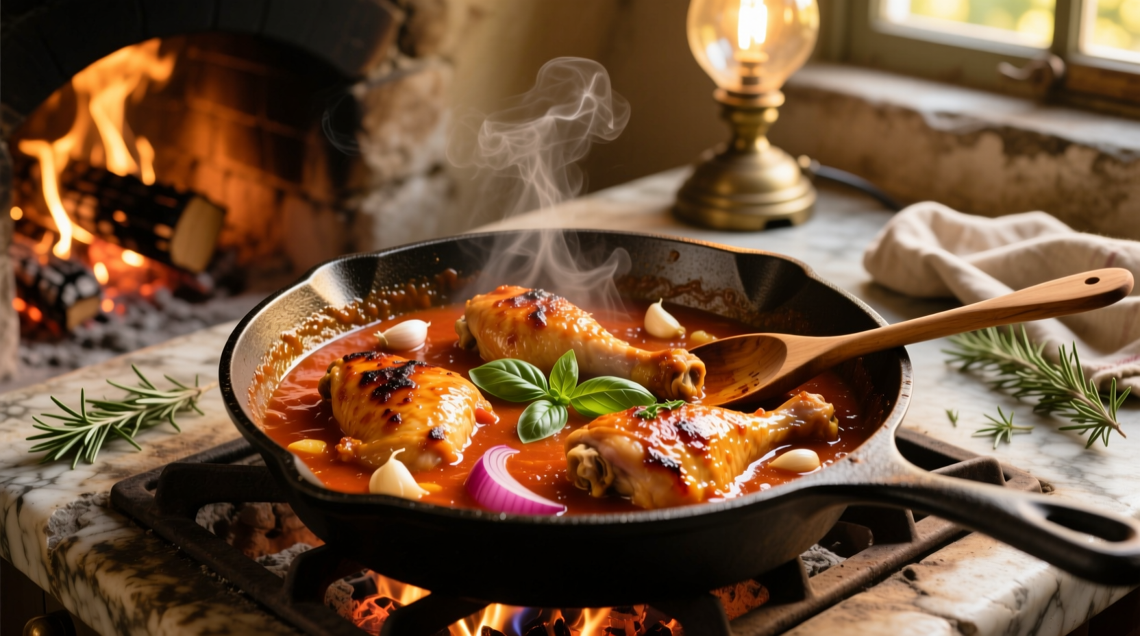 Golden brown chicken thighs simmering in rich tomato sauce