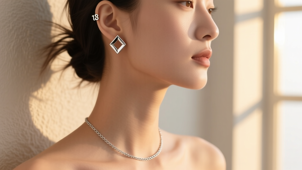 Close-up of a delicate 18-gauge titanium ear necklace connecting a minimalist ear cuff to a fine collarbone chain on a model