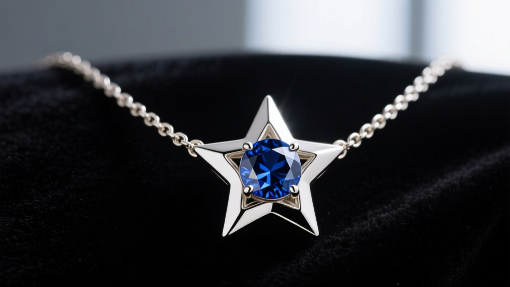 Macro shot of an 18k white gold blue sapphire star necklace on dark velvet, showing faceted gemstone sparkle and fine chain.