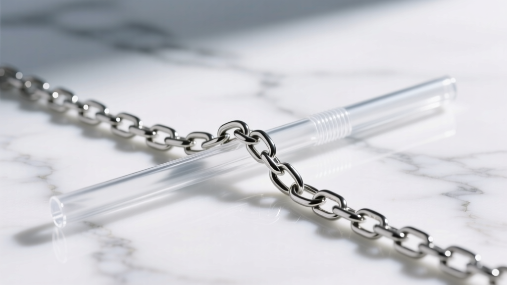Close-up of a silver chain threaded through a clear plastic straw to prevent tangling, resting on a bright white marble surface