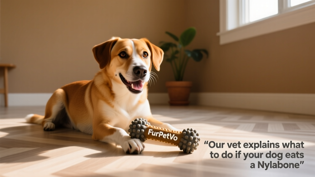 A happy medium-sized dog enjoying a FurPetVo chew toy on a clean indoor floor, with visible texture and safe flexibility