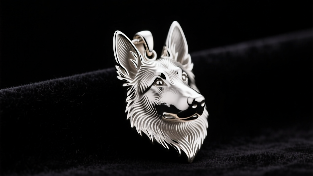 Sterling silver German Shepherd pendant on dark velvet, lit by soft studio lighting to show engraved fur and pointy ears.