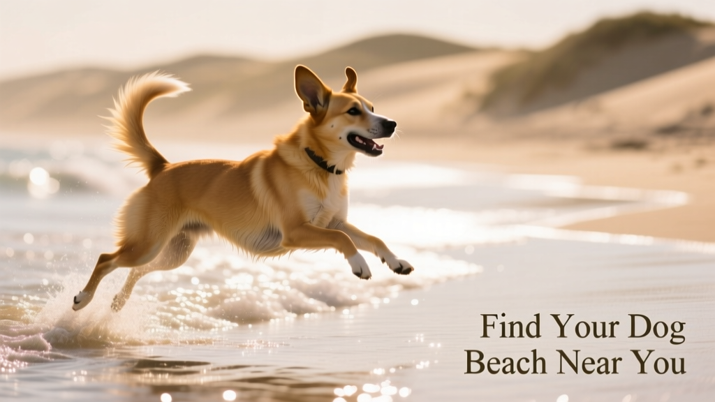 Mixed-breed dog bounding through gentle surf, ears flapping, tail high, with shoreline and dunes in soft focus behind