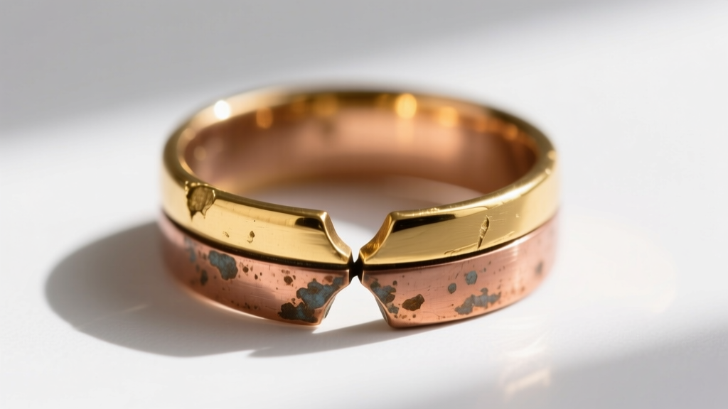 Macro photography showing cross-section of worn gold-plated copper ring, revealing thin gold layer over the exposed base metal.