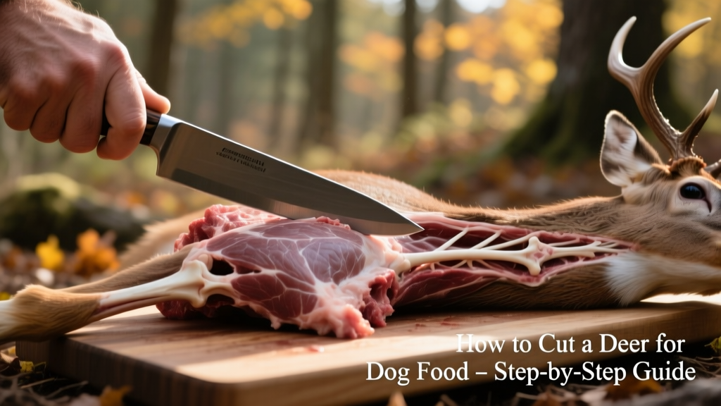 Hand holding a knife making a clean cut along the shoulder joint of a deer carcass