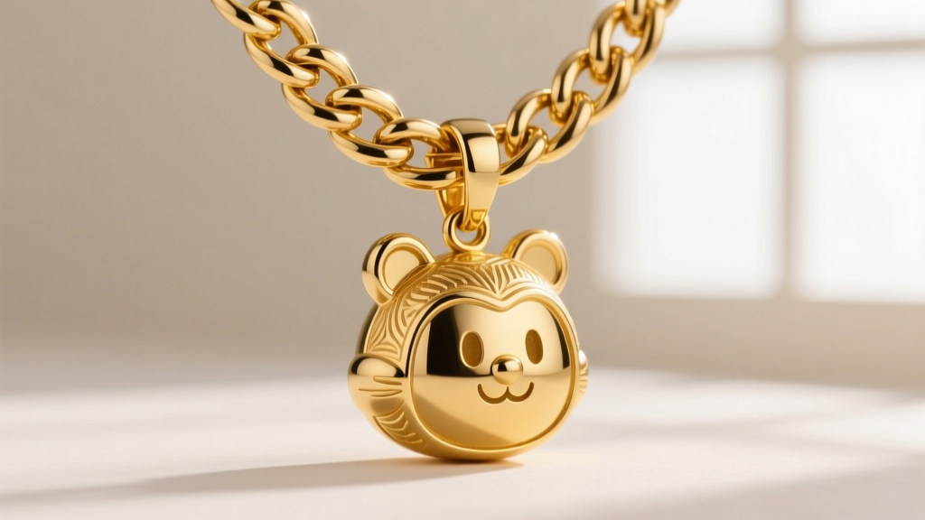 A thick 5mm 14k gold Cuban link chain threaded through a reinforced soldered bail of a heavy solid gold cartoon character pendant.