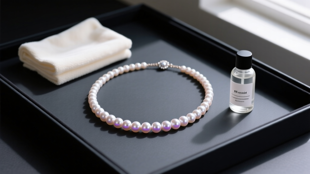 Flat lay of pearl jewelry care kit showing a microfiber cloth, pH-neutral cleaner, and a draped Akoya pearl choker on dark slate.