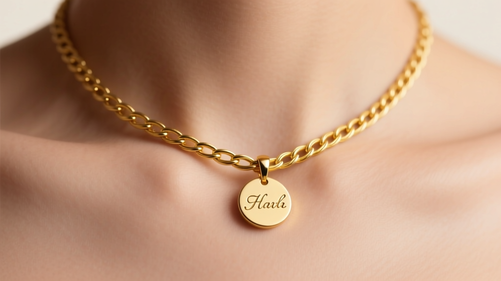 Close-up of a 14k yellow gold cable chain on a collarbone with a small custom engraved pendant under soft, warm studio lighting.