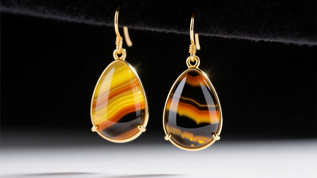 Polished bumble bee jasper drop earrings in 14k gold bezel settings, showing vivid yellow, orange, and black bands on dark velvet.