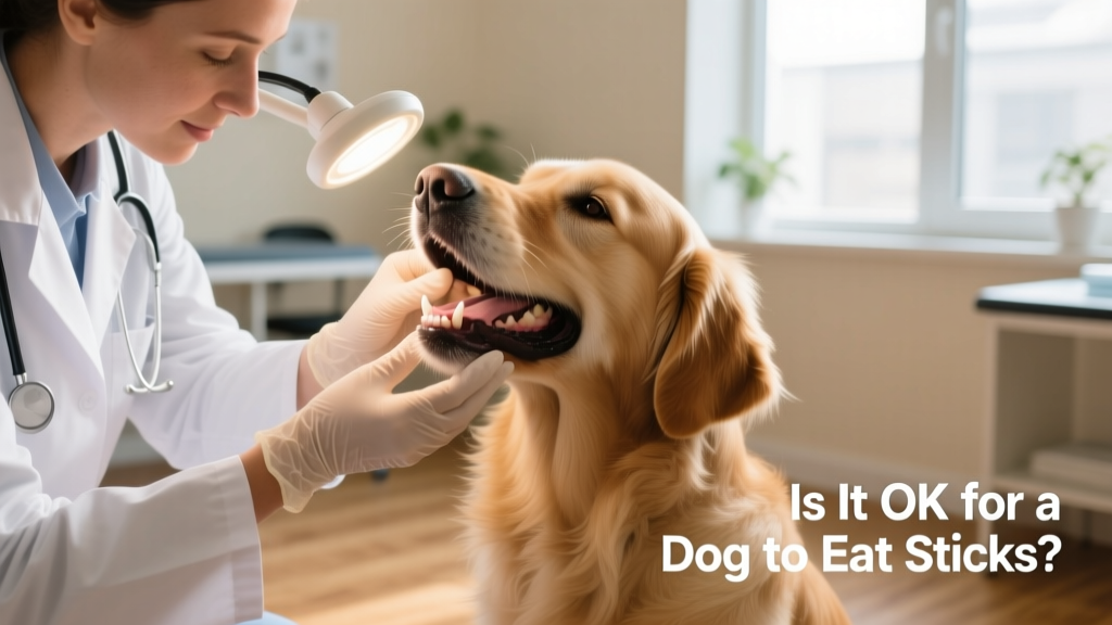 Veterinarian gently examining a dog's mouth with a light and gloved hand during a routine checkup