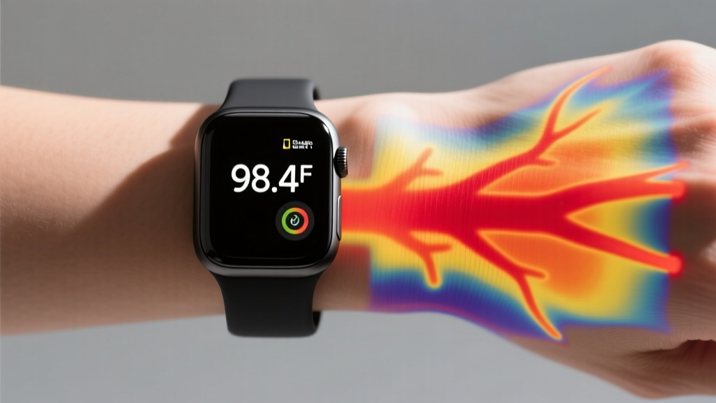 Smartwatch showing 98.4F skin temp next to an infrared thermal heat map of a human wrist displaying localized heat dissipation