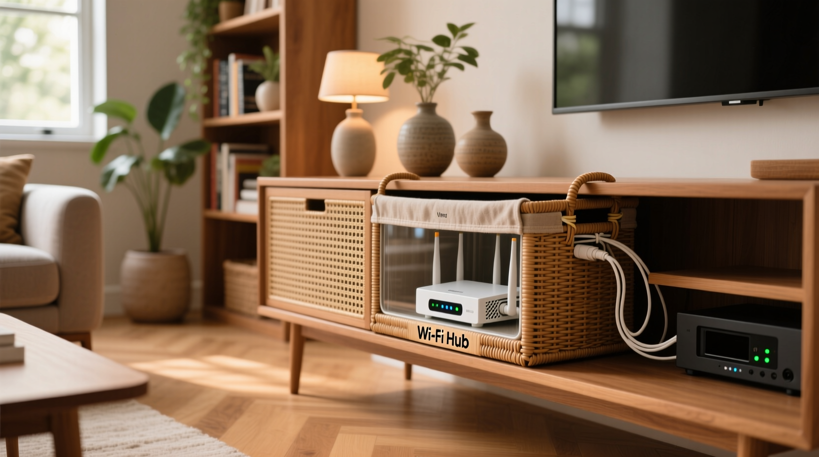 how to hide router and modem in plain sight with decorative baskets