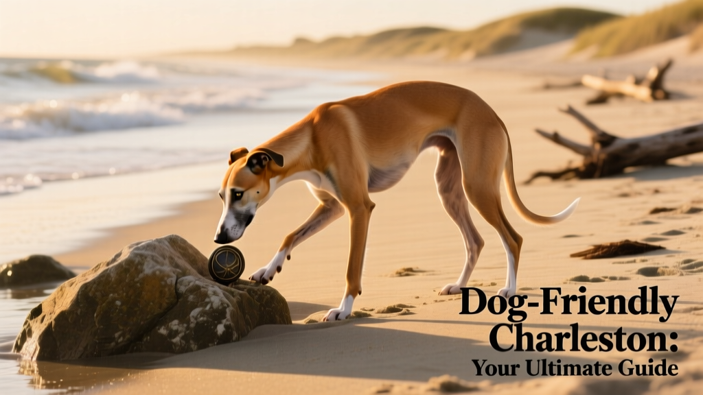 a ginger greyhound investigating something between rocks on a dog-friendly beach in Charleston