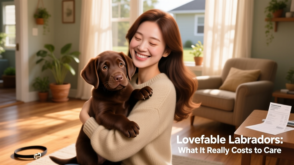 A chocolate Labrador puppy cradled gently in the arms of a smiling woman with long brown hair
