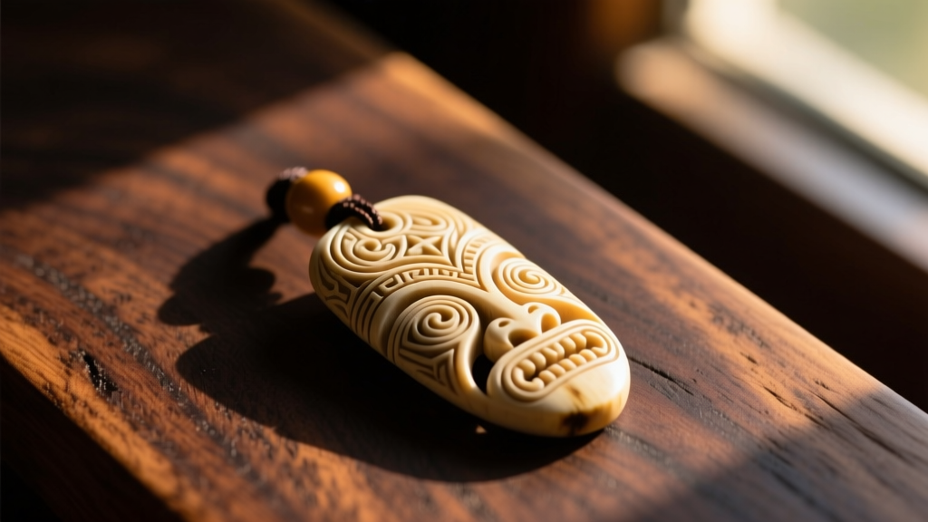 Close-up of a carved bone Hawaiian Niho Palaoa pendant resting on a dark wooden surface, illuminated by warm, natural sunlight.