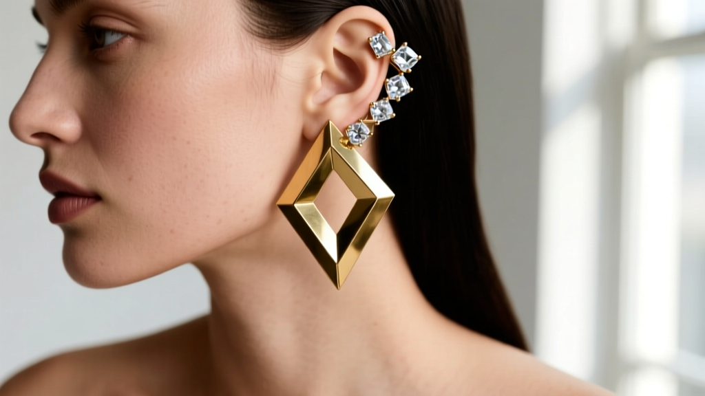 Close-up of a womans ear showcasing a heavy brass geometric ear climber with clear cubic zirconia against a bare collarbone