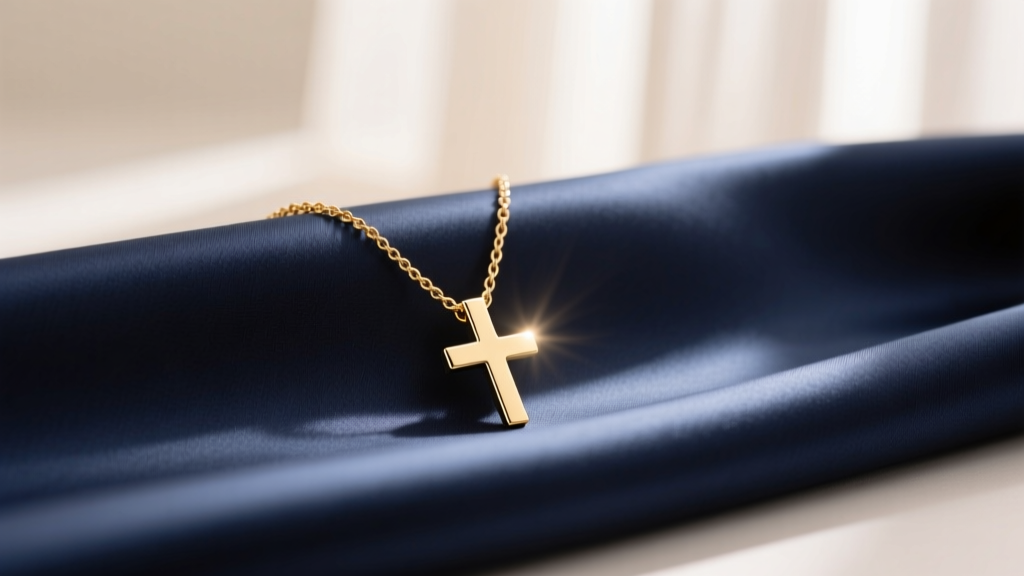 A 14k gold skinny cross necklace on silk, showing a 1mm cable chain and 10mm minimalist pendant under soft warm lighting.