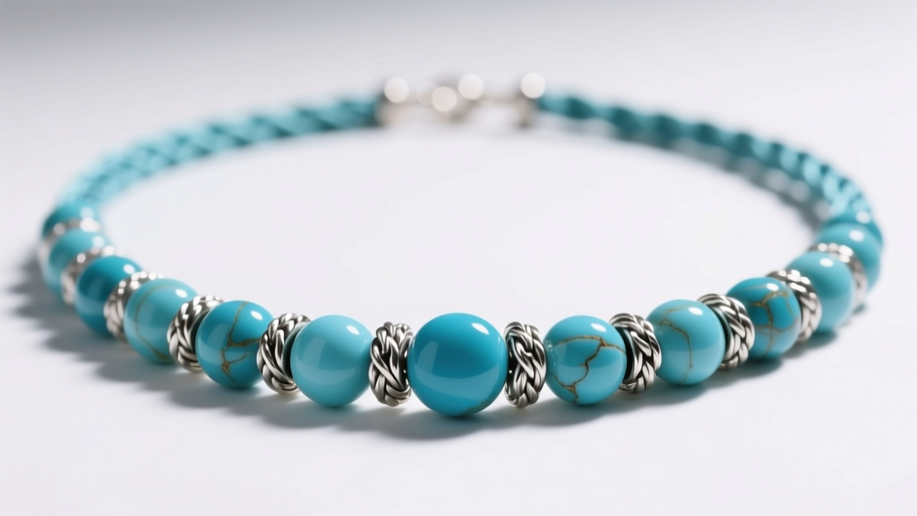 Macro view of a handmade necklace with beads showing polished turquoise and silver spacers on knotted silk under studio light