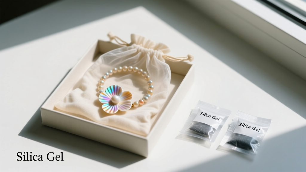 Organized jewelry box showing a shell flower necklace coiled loosely inside a breathable cotton pouch next to silica gel packets.