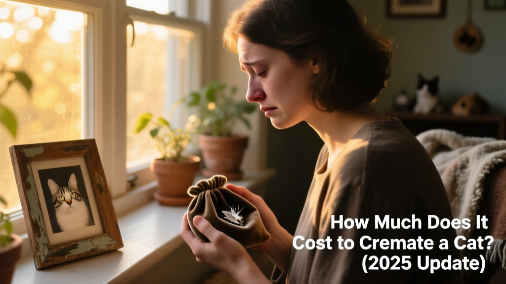 A tender side-view photo of a person holding a small velvet pouch containing ashes, looking out a sunlit window with a framed photo of their cat on the sill