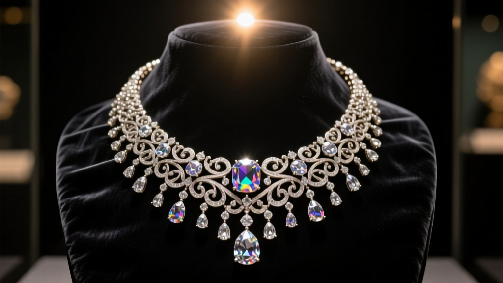 Museum display of an 18th-century high-carat diamond statement necklace on dark velvet, illuminated by a single warm spotlight