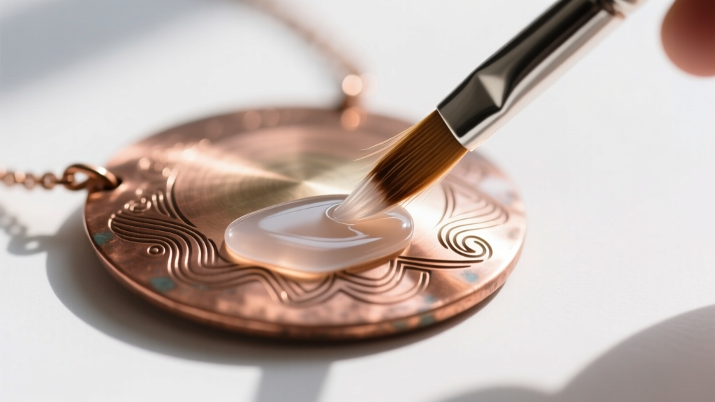 Small brush applying clear polymer coating to the back of a copper gong necklace to prevent skin discoloration and heavy tarnish.