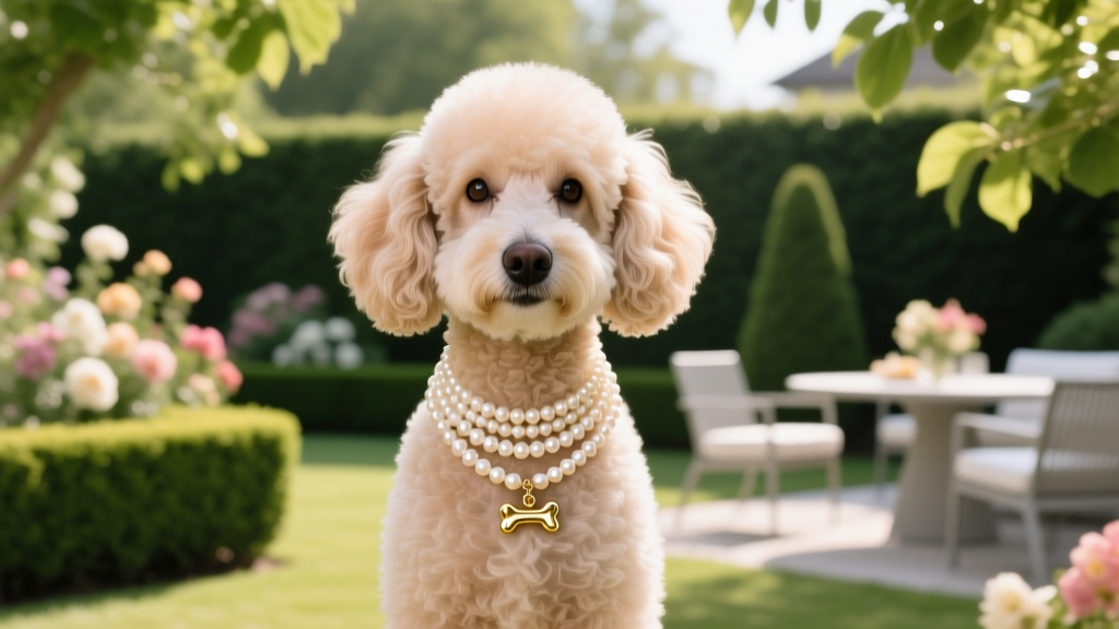 Toy poodle at a garden party wearing a layered dog pearl necklace with a small gold bone charm pendant in natural sunlight.