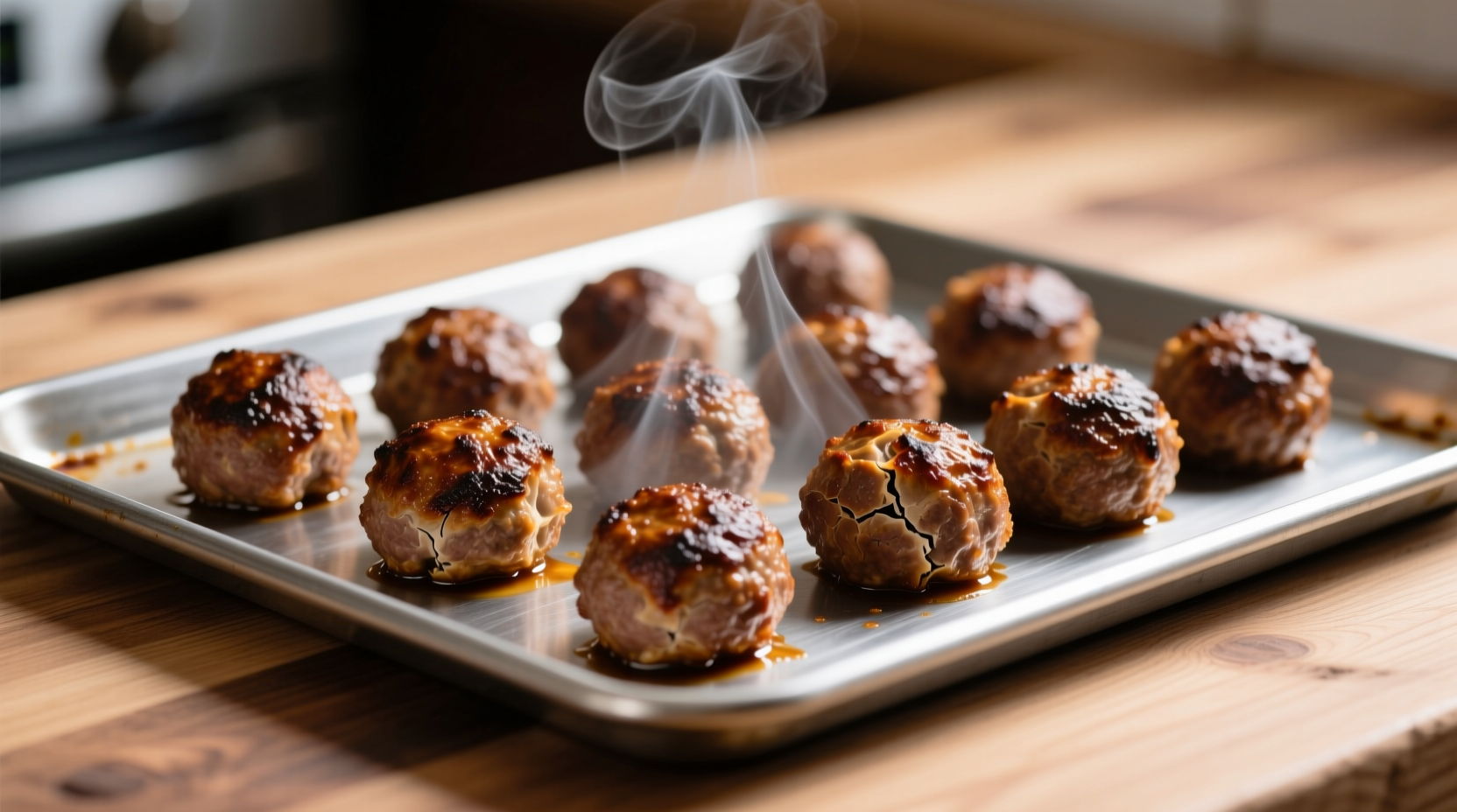 Perfectly browned homemade meatballs on baking sheet