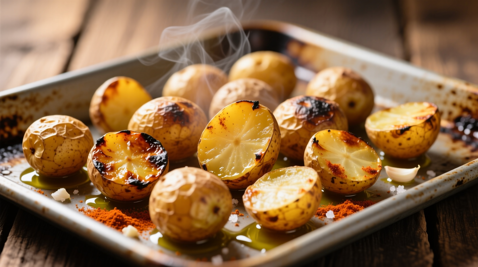 Crispy golden vegan roasted potatoes on baking sheet