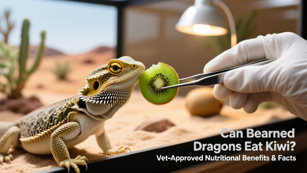 Bearded dragon gently eating a small piece of kiwi from tweezers held by a gloved hand