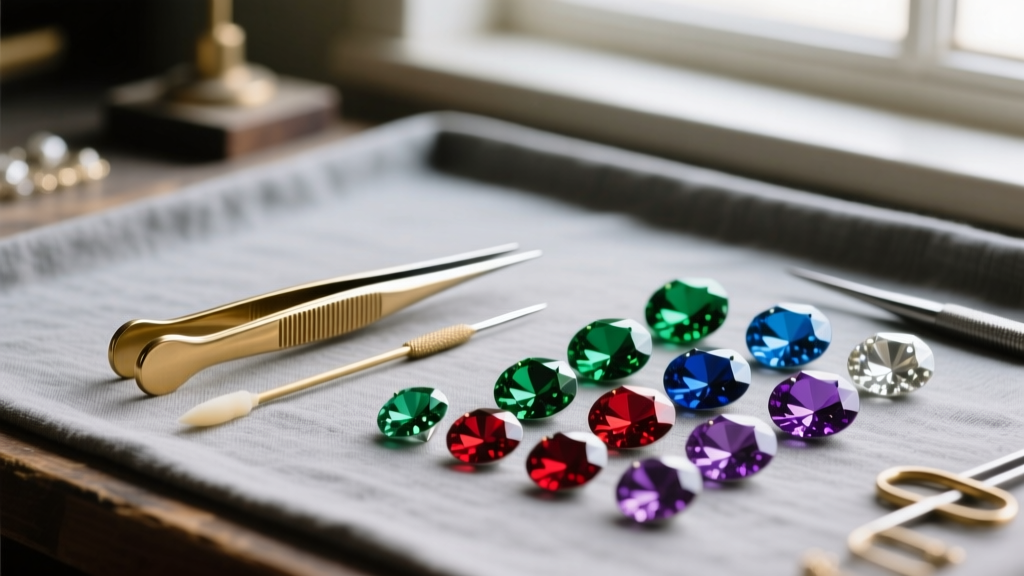 Jeweler workbench with brass tweezers, a wax picker, and foil-backed Czech glass rhinestones for vintage costume jewelry repair.