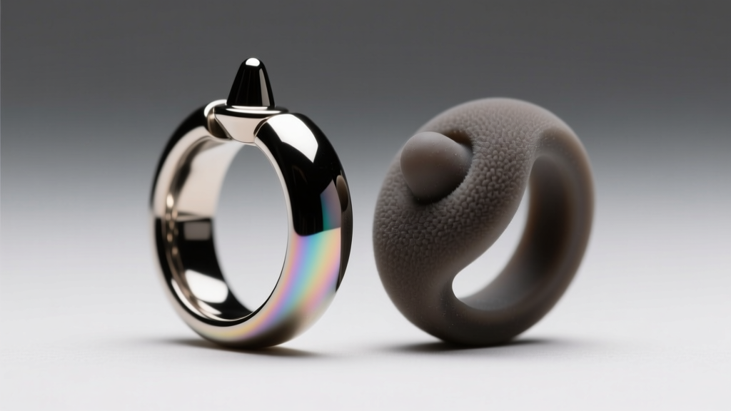Macro photography comparing polished niobium nipple ring and matte silicone adjustable shield under soft directional studio lighting.