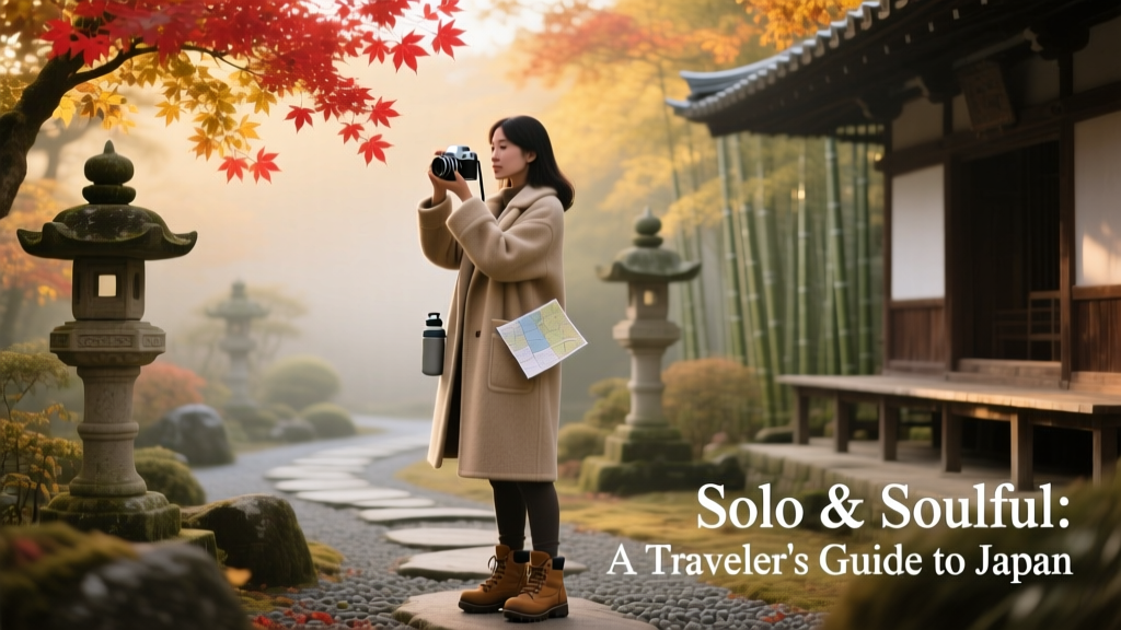 A solo female traveler photographing vibrant red and gold autumn leaves in a Japanese temple garden
