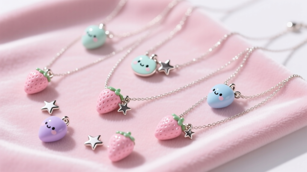 Flat lay of pastel kawaii necklaces with strawberry and star charms on pink velvet, shot from above with soft diffused lighting