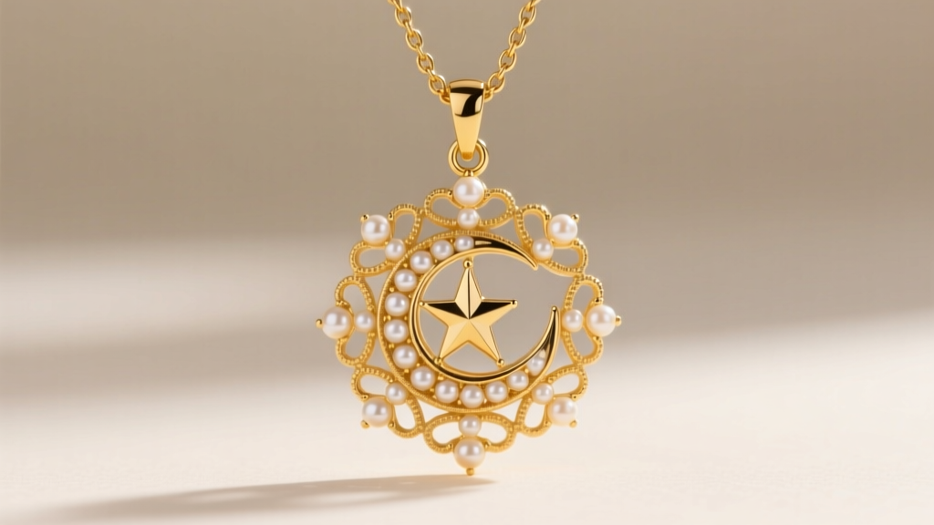 Close-up of an Aesthetic period Victorian 15k yellow gold star and crescent pendant adorned with tiny seed pearls on a chain.
