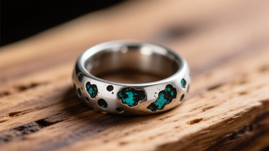 Silver ring with dark oxidation spots resting on raw unsealed walnut wood, showing acidic off-gassing tarnish effects in macro