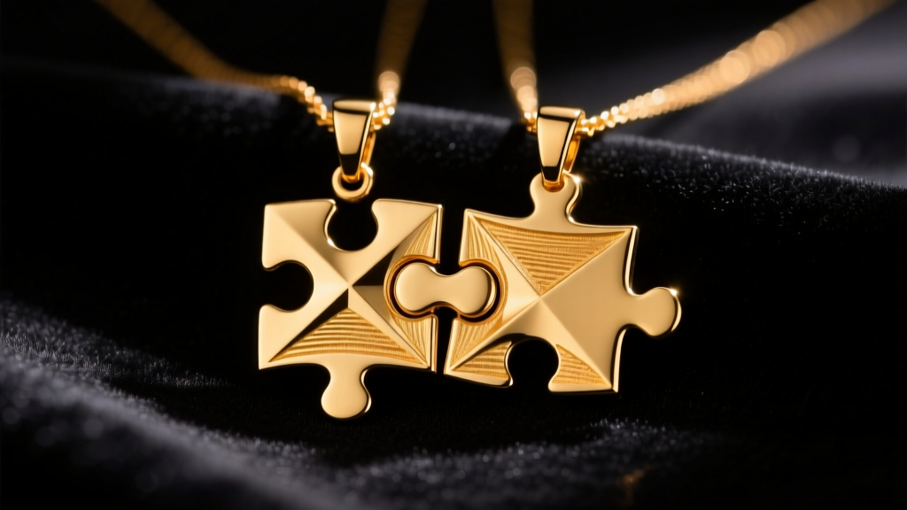 Two interlocking 14k solid gold puzzle pendants resting on dark velvet, soft moody lighting highlighting brushed metal texture.